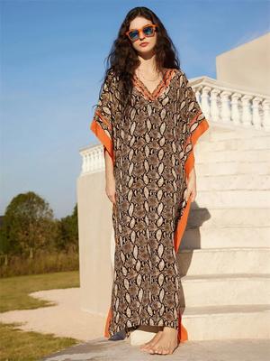 Orange Snake Printed Kaftan Plus Size Summer Long Beach Dress Women Homewear Outfit Swim Suit Cover Up Loose Caftan