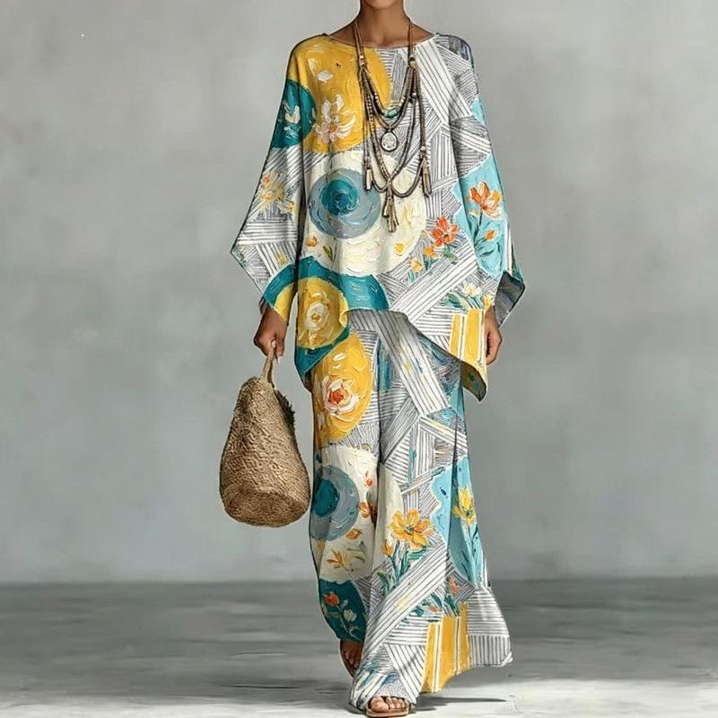 Casual print suit for women, bat-sleeved irregular top, drape wide-leg pants, two-piece set, one piece