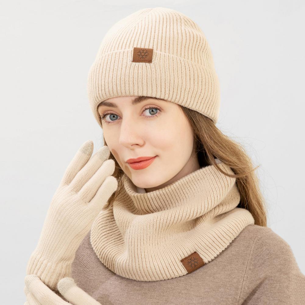 3 Pcs/Set Women Winter Hat Scarf Gloves Set Thick Plush Knitted Warm Cap Gloves Elastic Ear Windproof Wi