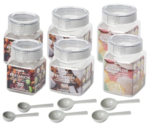 

Official Takeya Original 6-Piece FRESHLOK Assorted Set A, White, Square Storage Containers (300ml, 800ml, 1100ml) with Spoons, Airtight, Airtight, Ref