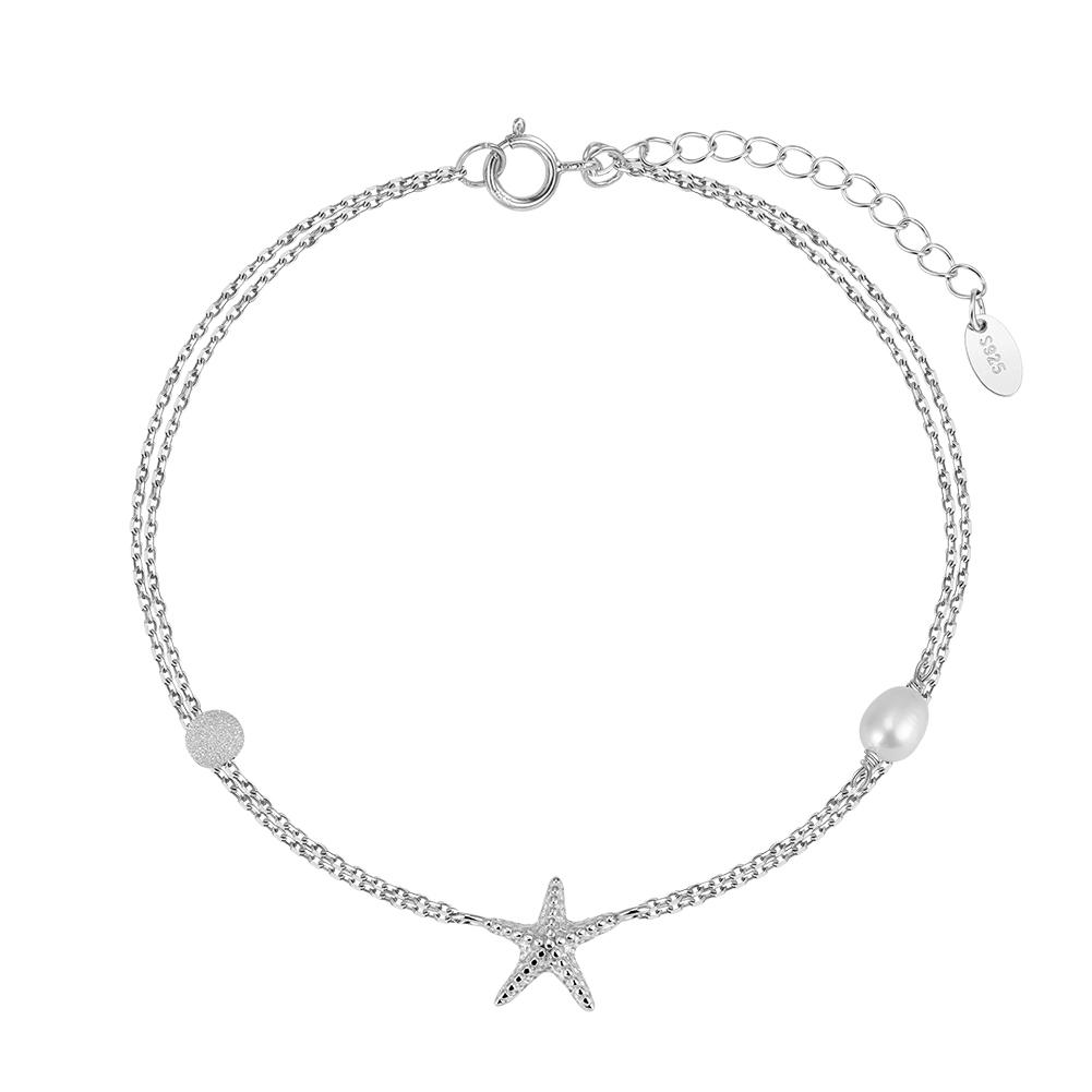 ORSA JEWELS Elegant Double Layered S925 Silver Chain Anklet with Starfish Summer for Women Foot Chain Fashion Jewelry SA101