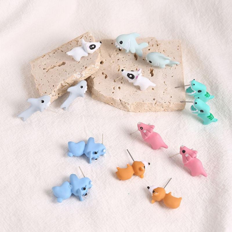 2pcs/1pair Animal Cartoon Stud Earring for Women Girl Cute Dinosaur Little Dog Whale Clay Bite Ear Jewelry Funny Gifts