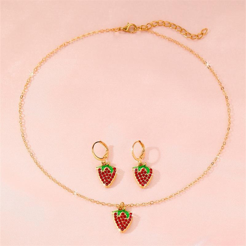 1 Set Alloy Strawberry Necklace Earrings Sparkly Rhinestone Inlay For Little Girls Daily Wear Birthday Gifts