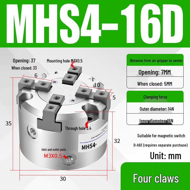 Pneumatic Gripper with Dual, Triple, and Quad Jaw Options: MHS2/3/4-16D/25D/40D/50/63D Clamping Cylinder