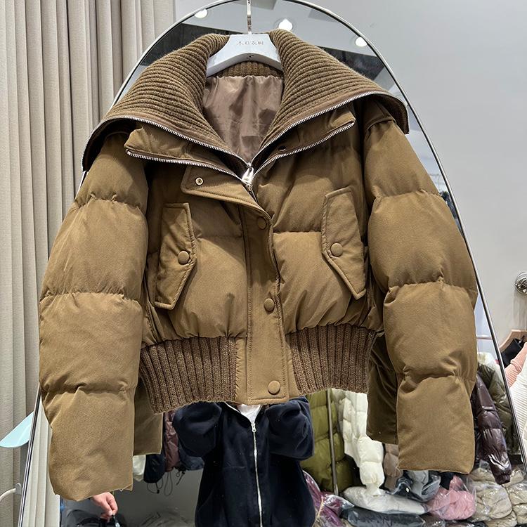 Knitted large lapel neck high waist short down jacket women's thickened bread jacket foreign style sweet white duck down jacket tide