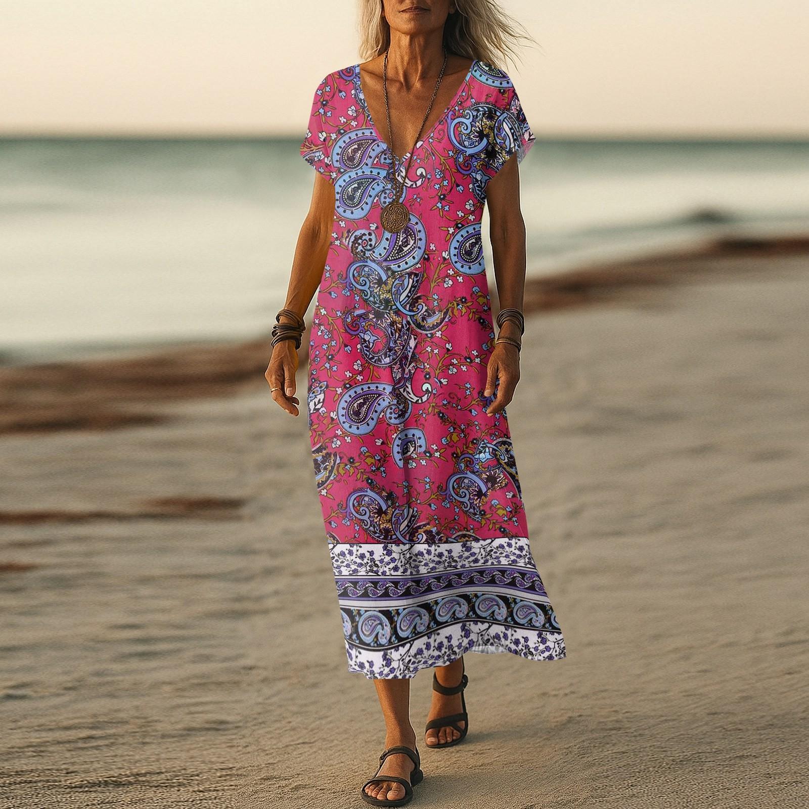 

Літня сукня Жіноча Довга Бохо Пляжна Сукня Елегантна Максі Сукня V-подібний Виріз Короткий Рукав Літня Туніка Легка Повітряна S гарячі рожевого кольору