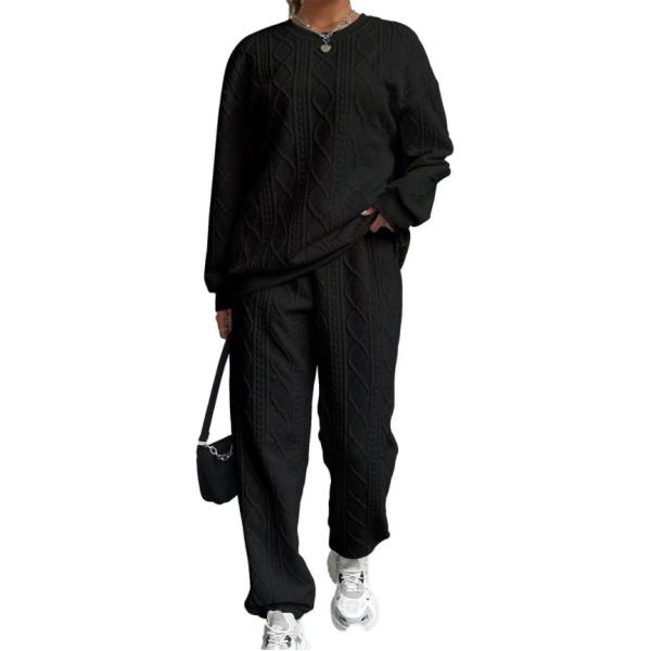 Dames Herfst en Winter Effen Kleur Jacquard Lange Mouw Casual Ronde Hals Sweatshirt en Broek Set