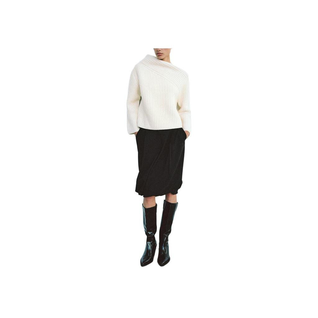 Zara Asymmetrical Neckline Solid Color Ribbed Knit Sweater Women Sweater Beige 4192122-712