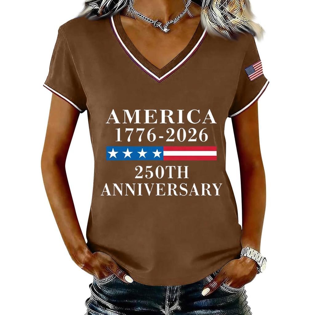 Damen Casual V-Ausschnitt Kurzarm Pullover T-Shirt 250. Jahrestag Druck Top für Unabhängigkeitstag Feier Sommerkleidung