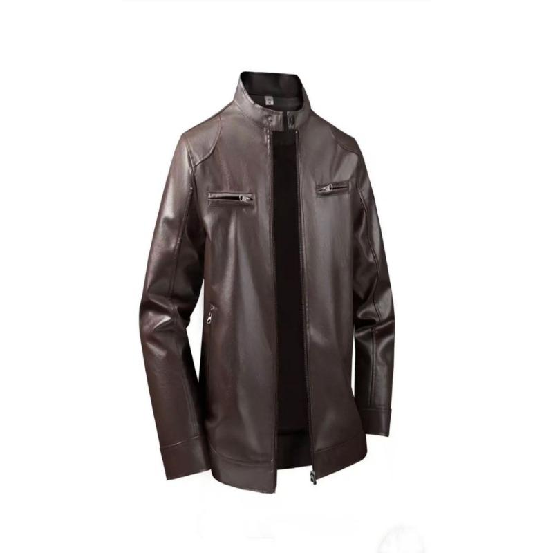 Mens Pu Leather Stand Collar Motorcycle Jacket Slim Fit Casual Outerwear