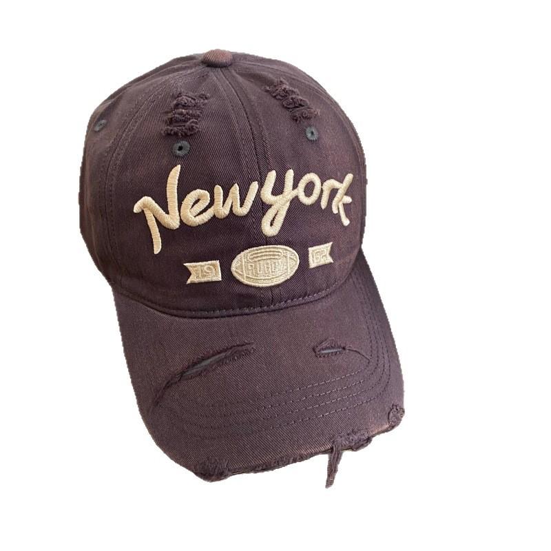 Retro New York Embroidery Dad Hat Distressed Ripped Frayed Washed Cotton Multi Tone Casual Street Baseball Cap for Women Men