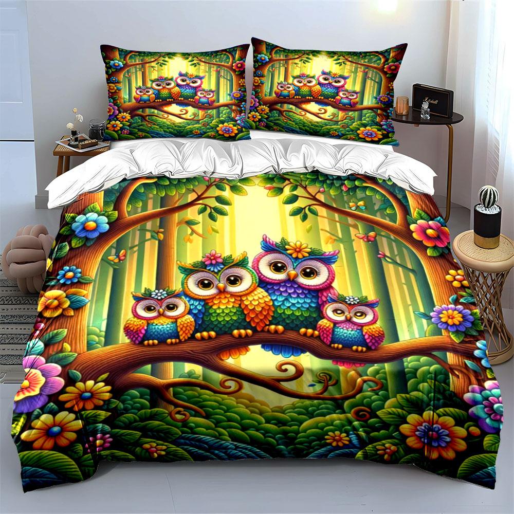 Bright owls and flowers. Bedding sets Duvet cover sets Duvet covers Pillowcases(1*Duvet Cover 2*Pillowcases without duvet insert)