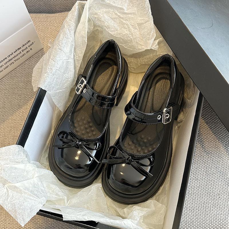 2025 summer and autumn new thick-soled Korean version bow Mary Jane small leather shoes women's shallow mouth round head college style women's singl