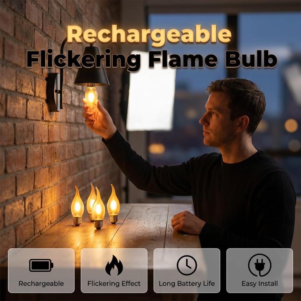 E12 Candelabra Flame Light Bulbs, Realistic Flickering LED Fire Light Bulb, Clear Glass Candle Style Flicker Bulb for Lantern, Chandelier, Halloween