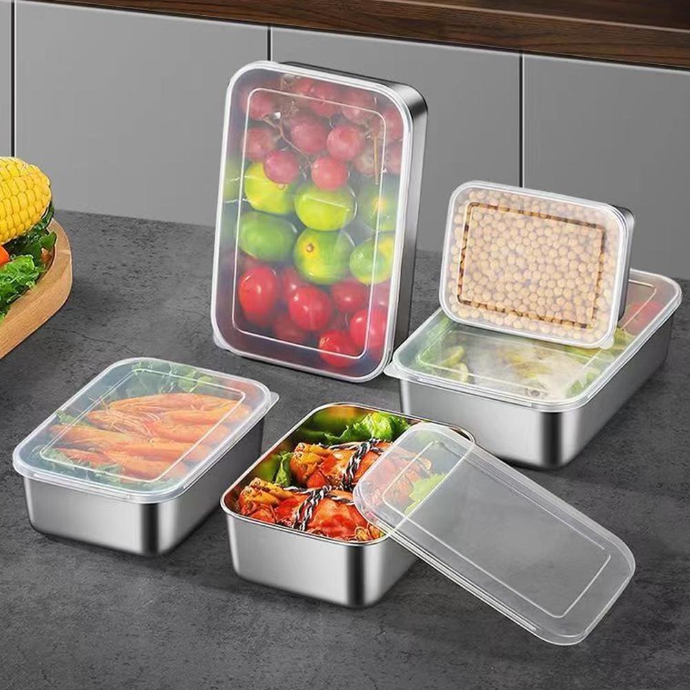 Nerezová ocelová nádoba na čerstvé potraviny, obdélníkový piknikový bento tác, úložný box do lednice s mrazákem, restaurační talíř