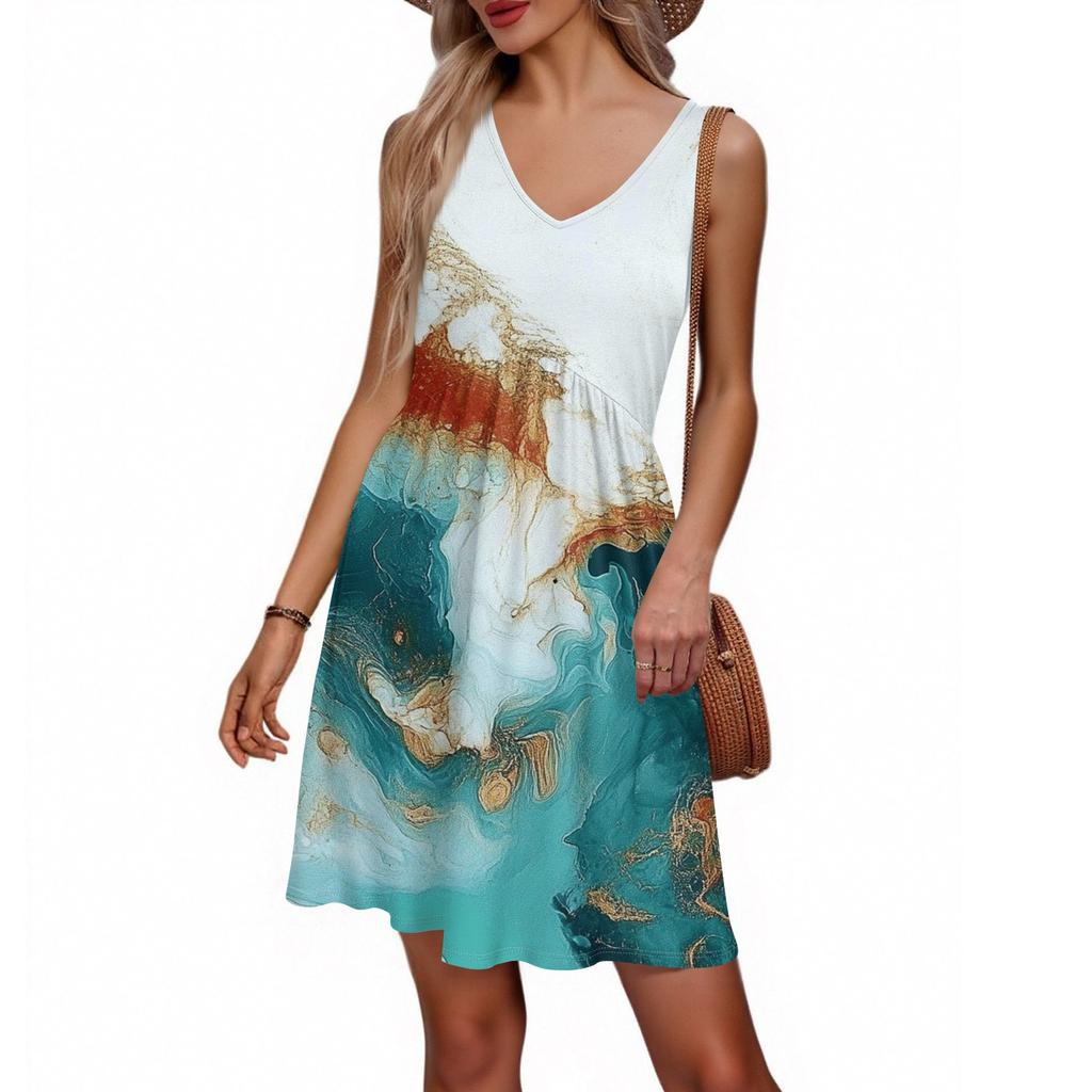 Women's Summer V-neck Casual Beach Vacation Style Retro Floral Print Sleeveless Patchwork Dress