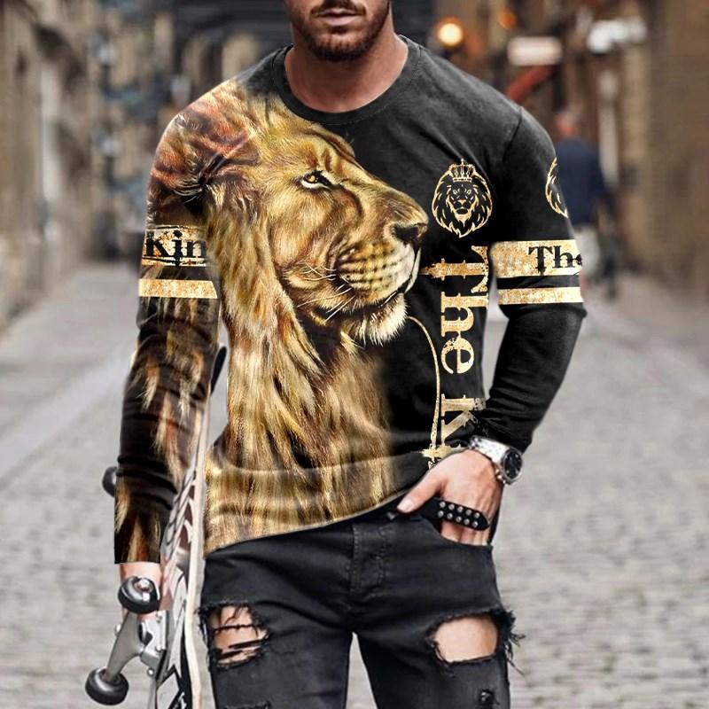 Vintage Long Sleeve T Shirt For Men Animal 3d Print Top Summer Men'S Casual Oversized O Neck Pullover Fashion Male Clothes