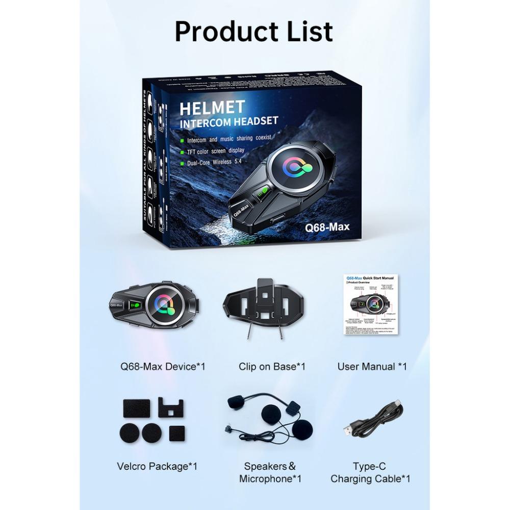 Q68-Max Helmet Bluetooth Headset with IP56 Waterproof, TFT Display, 16H Battery Life, 500m Intercom for Motorcycle Riders