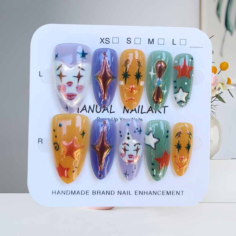 10 Pcs Halloween Short Almond Press On Nails Black White Ghost Spider Clown Design False Nail Art Tips