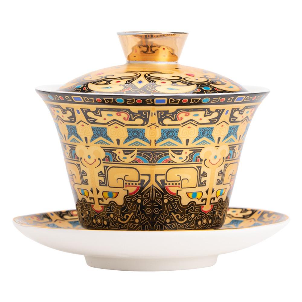 Large gilt covered bowl Chinese style enamel colored ceramic Sancai tea bowl Retro gilt silver palace style tea set