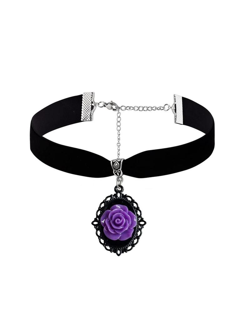 Gothic Temperament Oval Lacework Purple Rose Flower Resin Pendant Velvet Collar Necklace for Women Men Hallowmas Jewelry Gifts