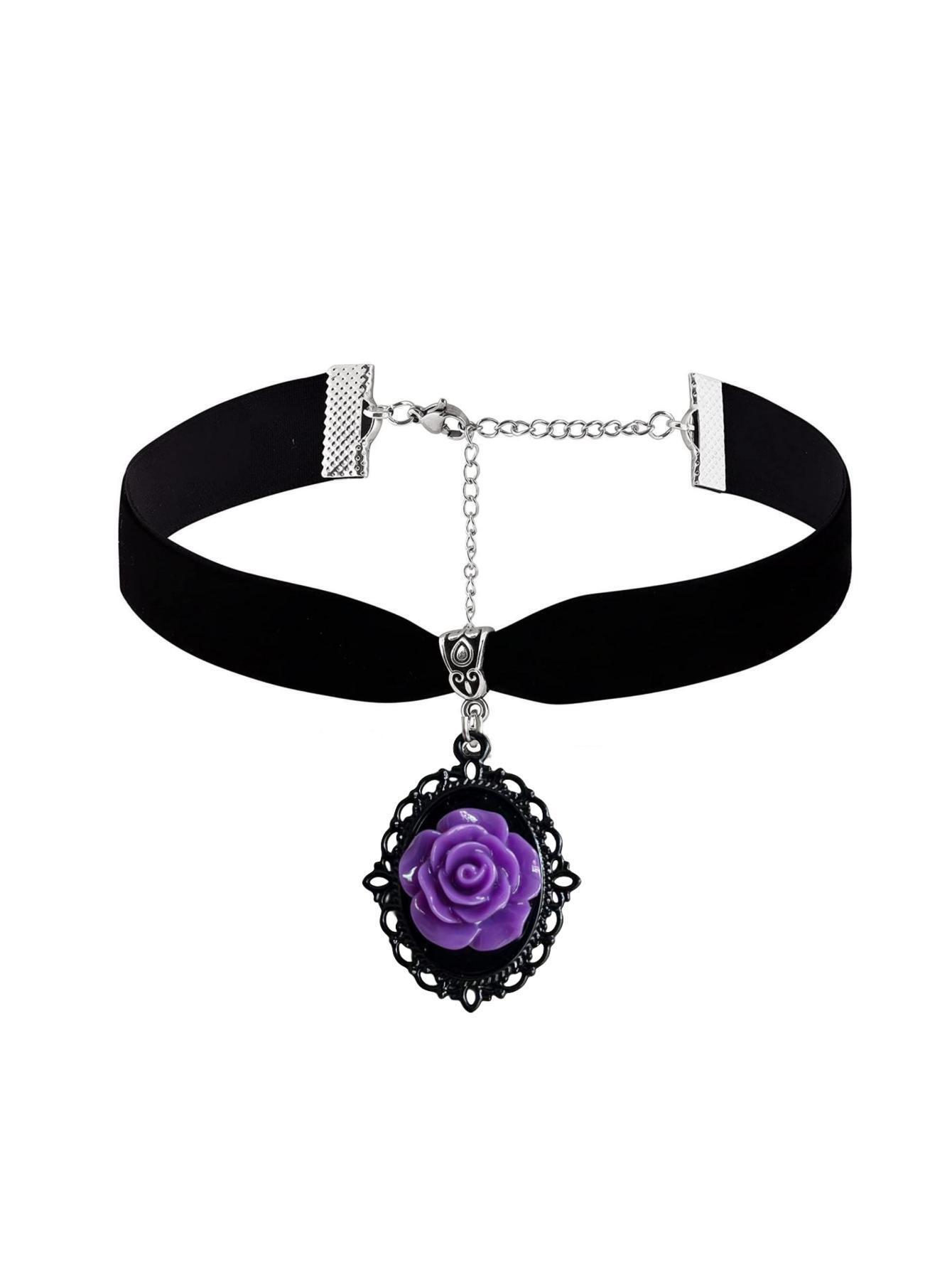 

Gothic Temperament Oval Lacework Purple Rose Flower Resin Pendant Velvet Collar Necklace for Women Men Hallowmas Jewelry Gifts фиолетовый