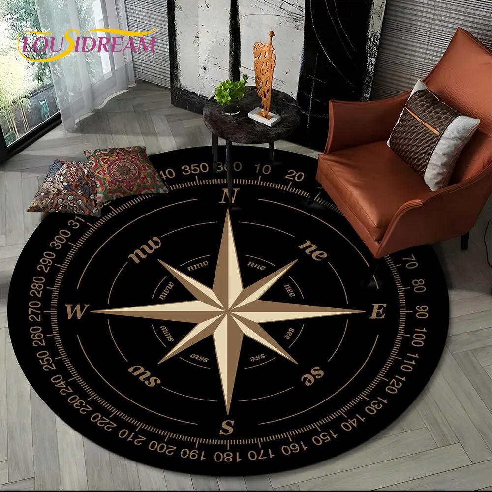 3D Retro Kompass Serie Kreis Teppich,Runder Teppich für Wohnzimmer Schlafzimmer Sofa Fußmatte Dekor Rutschfeste Bodenmatte Geschenk