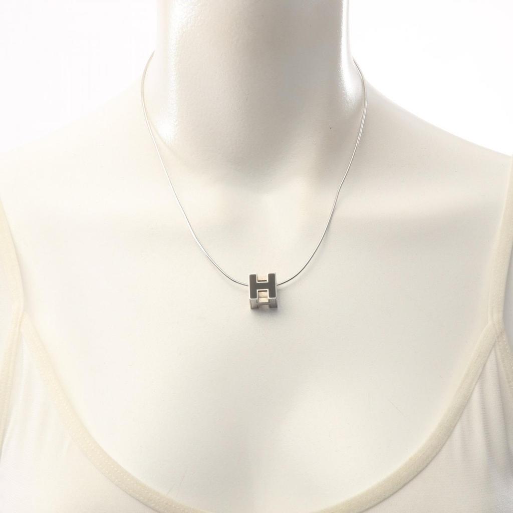 Used HERMES Cardue Ash H-cube Necklace Stainless Steel Silver Black Used