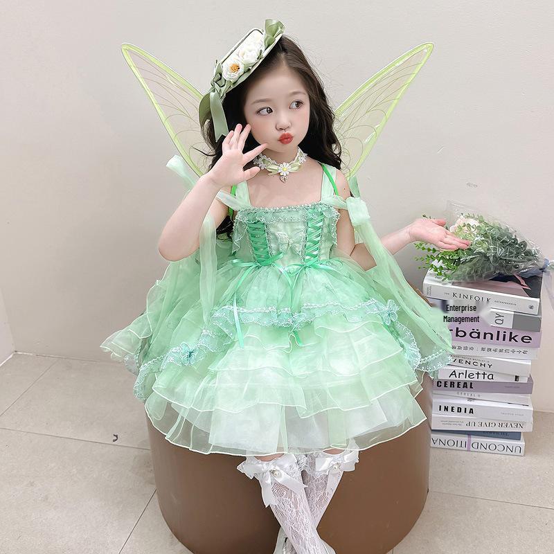 Girls' 2025 Summer Lolita Princess Dress with Stylish Wings - Green Grape Birthday Skirt