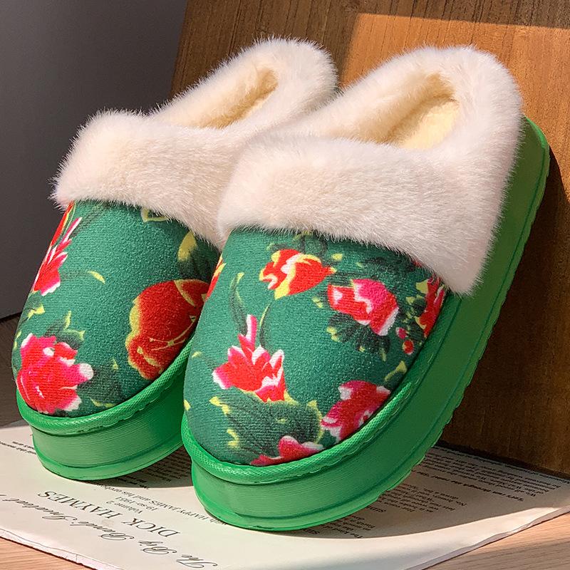 Northeast Big Flower Plush Cotton Slippers Winter Indoor Home Thick Bottom Non-slip Piled Warm Couple Cotton Mop