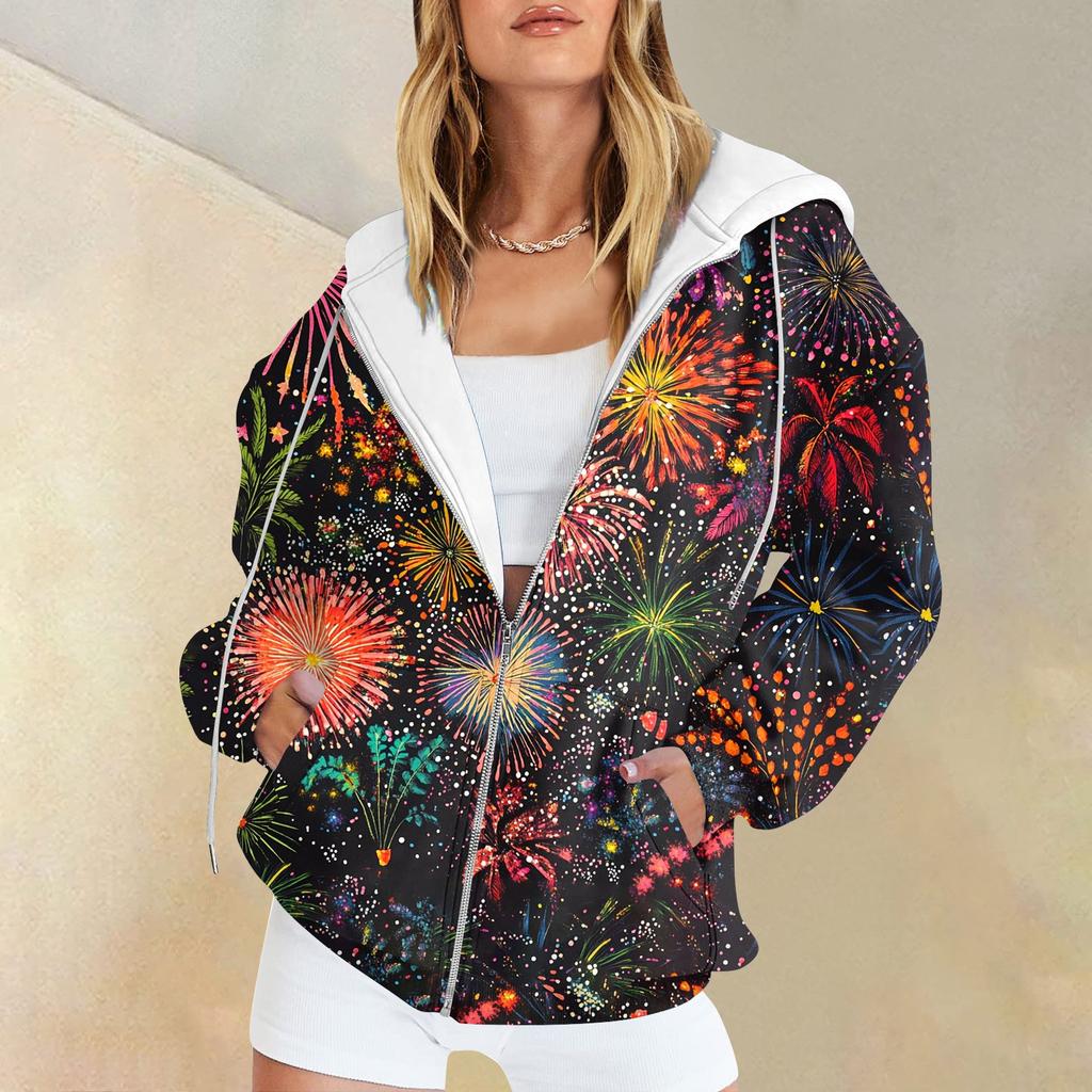 Women's Christmas Printed Sweatshirt  Winter Long Sleeve Cardigan Jacket With Pockets Zipper Hoodie Outerwear