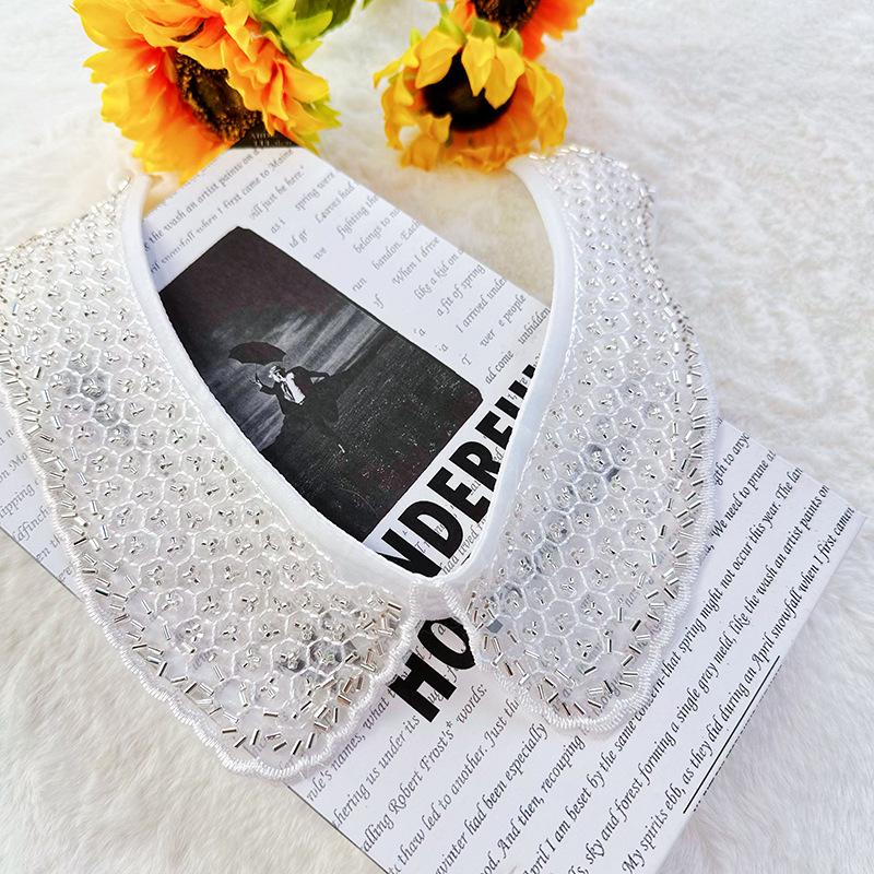 Eugen Garn Bestickter Schwarz-Weißer Falscher Kragen Spitzenkragen Hemdkragen Damen Vielseitiger Pullover Perlenbesetzter Dekorativer Kragen