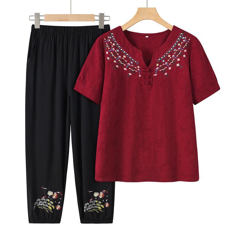 Middle-aged and Elderly Spring and Summer Clothing Casual Thin Short-sleeved + Seven Trousers Two Piece Suit