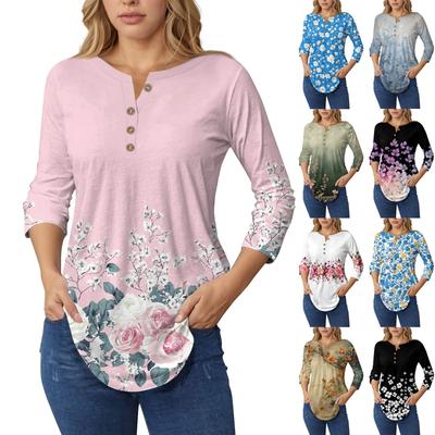 Mâneci lungi 3/4 Topuri pentru femei Tricouri de vară cu imprimeu floral decolteu în V Tricou de bază casual Cămăși cu nasturi Tunica Topuri