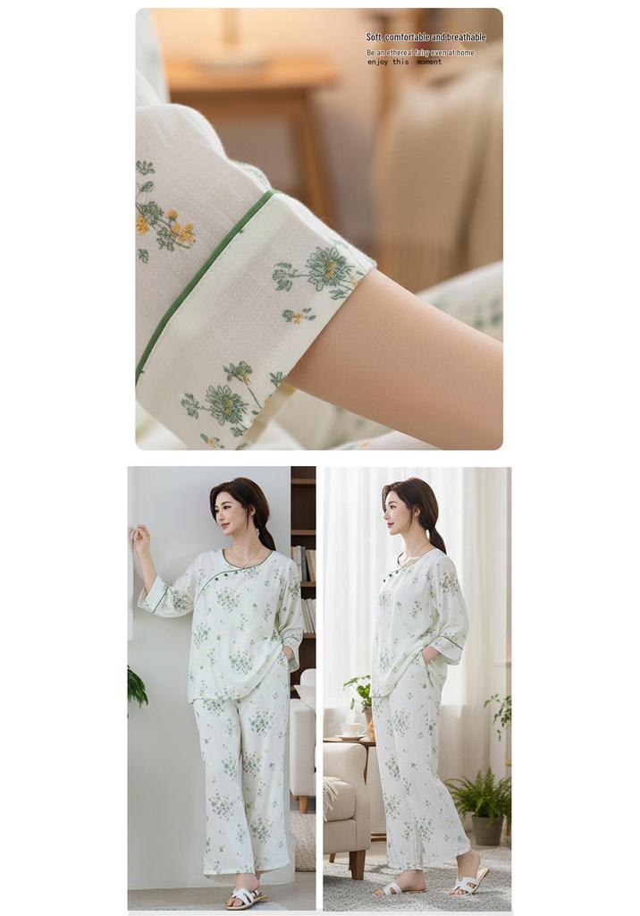 Baumwoll-Bambus-Pyjama mit neun Ärmeln für Damen - Kühl, lockere Passform für Frühling/Sommer, für drinnen und draußen
