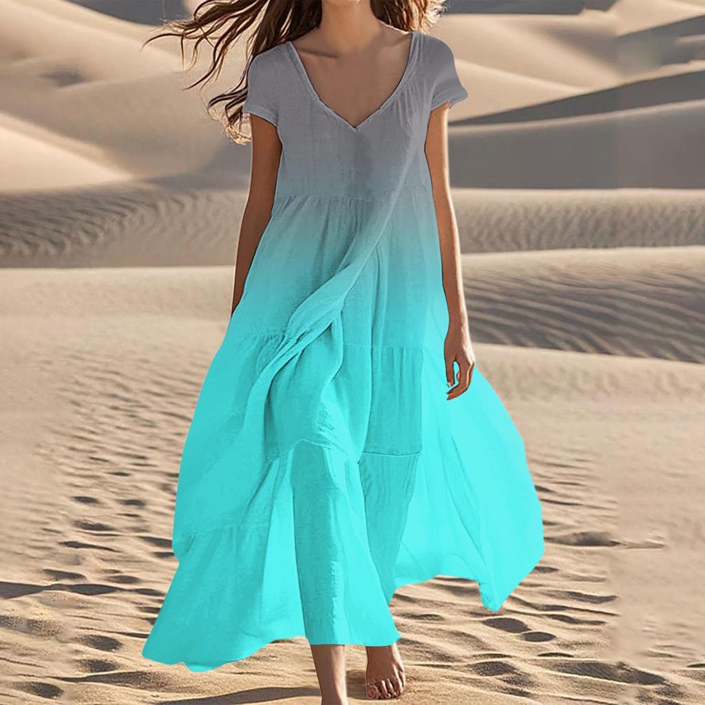 Women's Summer V-Neck Beach Long Short Sleeve Patchwork Gradient Dresses