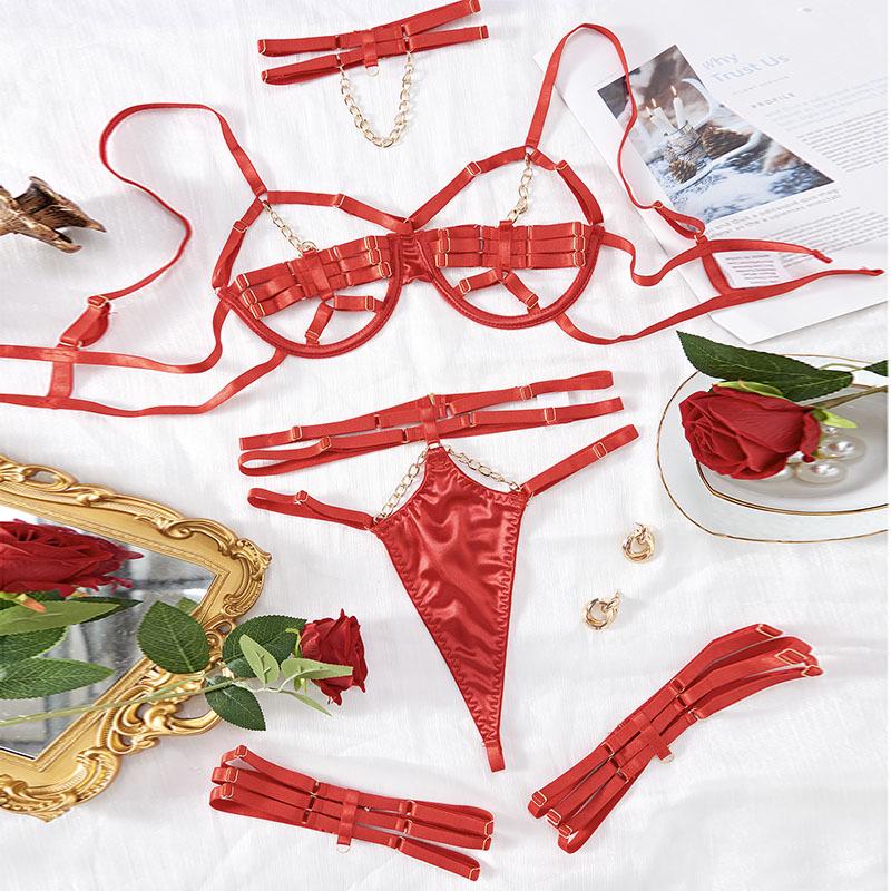 Metal Chain Design Interwoven Straps Erotic Lingerie Set