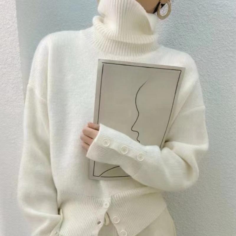 Chic Vintage Knitted Turtleneck Sweater for Women Autumn and Winter Warm Women Pullover Base Sweaters Slim Fit Casual Solid Loose Knitwears Tops 25256