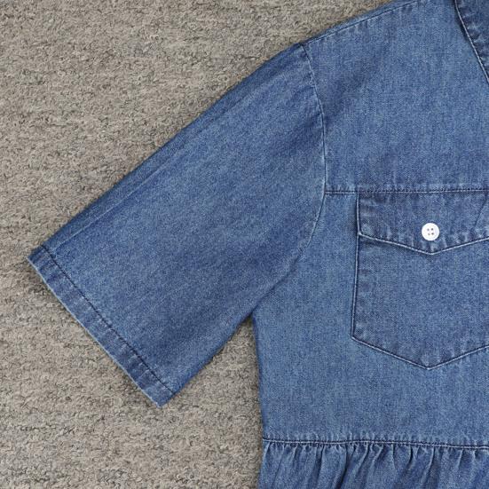 Women Denim Dress Short Sleeve Single-breasted Turn Down Collar Pockets Loose Maxi
