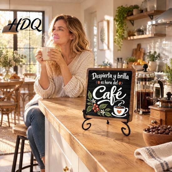 Rustic Coffee Sign for Bar 5" x Sign Wooden Spanish Decor with Decorative Station Signage Metal Display Rack Vintage Tabletop Decorations,