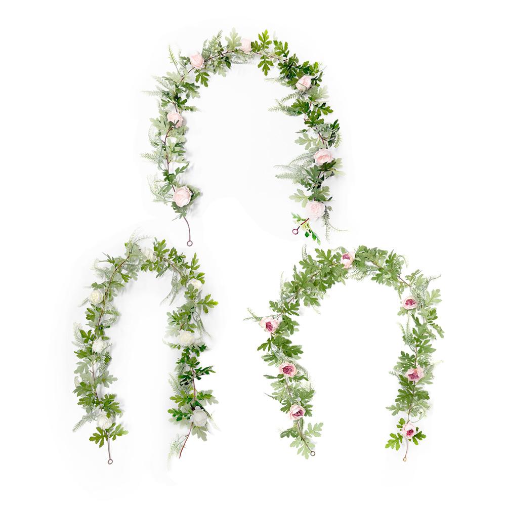 Artificial Simulation of Green Plants On The Home Dining Table of Pteris Multifida Paeonia Suffruticosa and Rattan