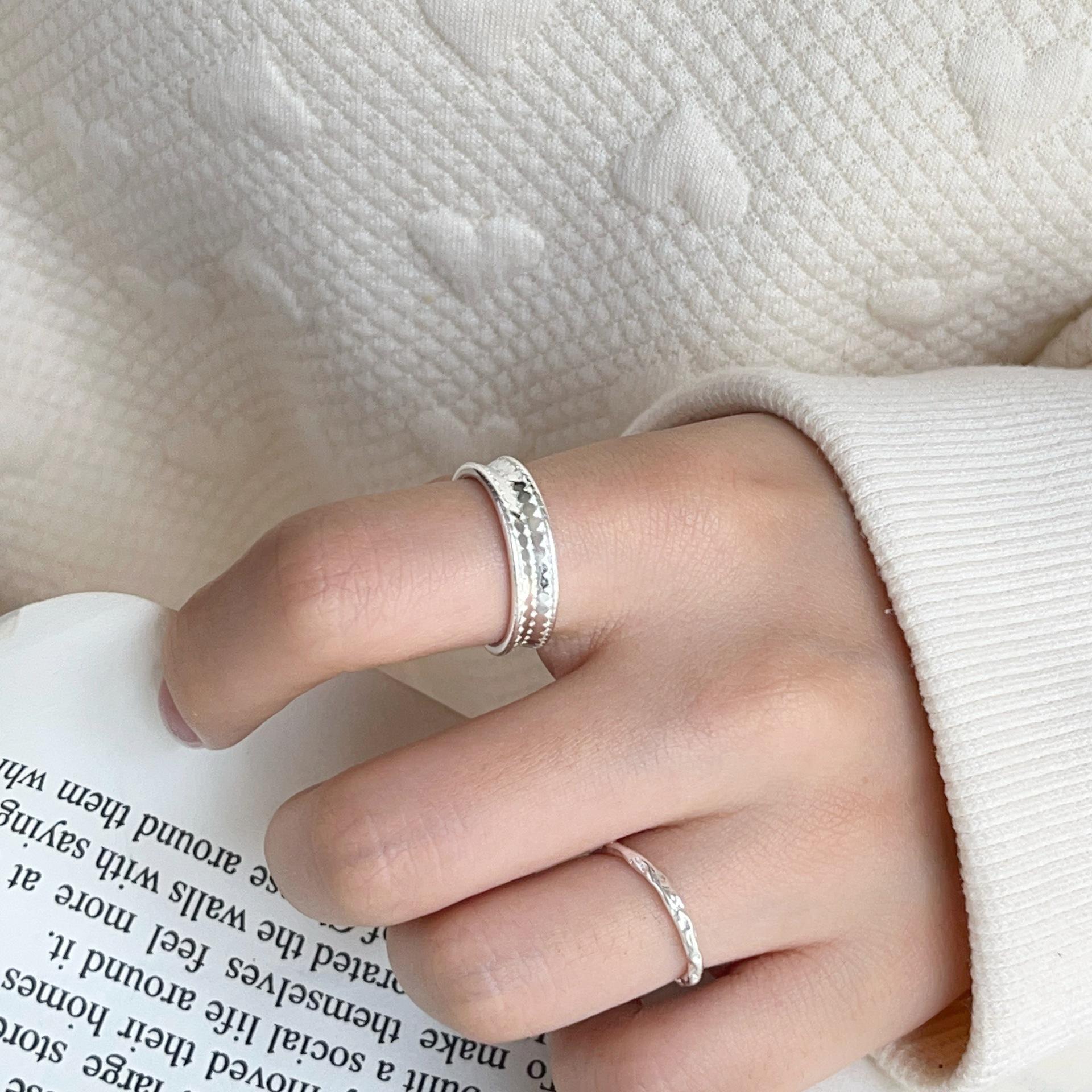 Korean Handmade Rhombus Hammered Texture Adjustable Ring - Retro Cold Style Accessories Adjustable Open