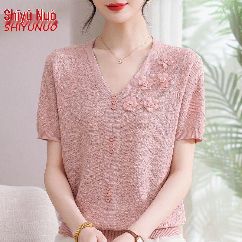 Summer 2026 Ice Silk Blouse: Fashionable Short-Sleeve for Middle-Aged and Elderly Women