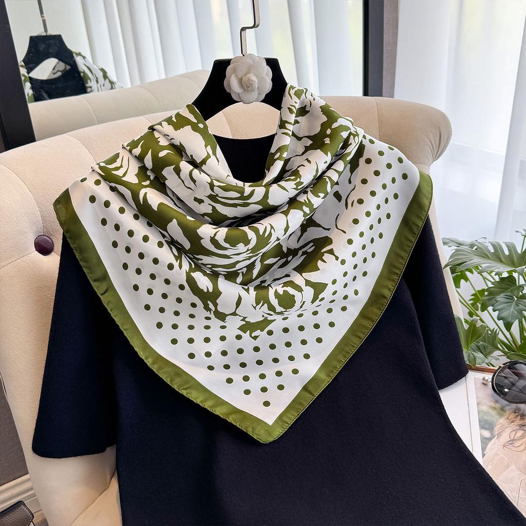 Polka Dot Camellia 90 Imitation Silk Large Square Scarf Shawl Commuting Versatile Printed Scarf Headscarf Silk Scarf Women