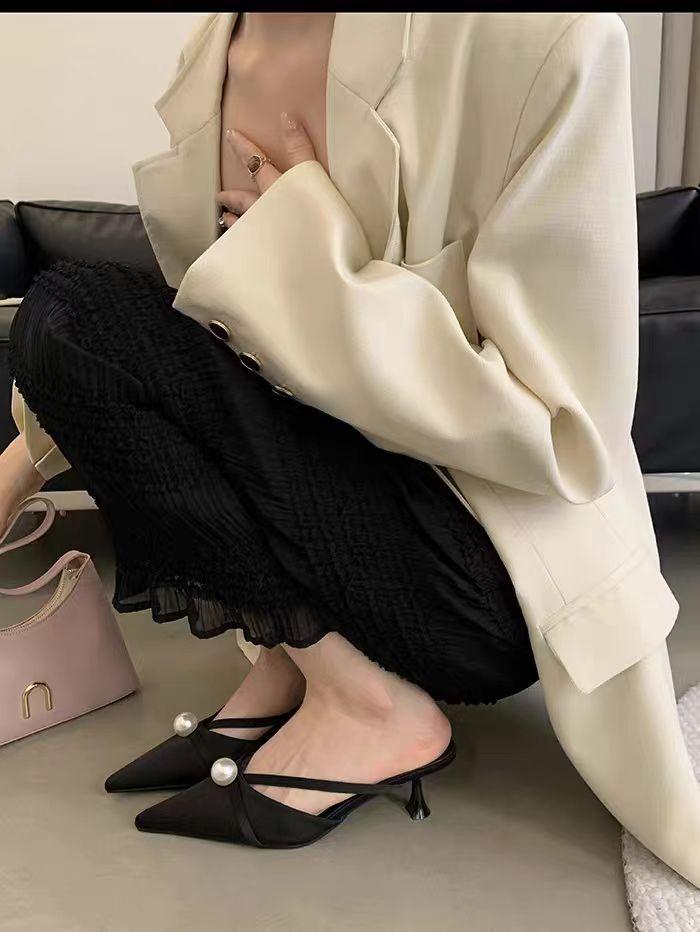 

French satin pearl pointed head thin heel bag head half slippers women s 2025 summer new versatile temperament wear sandals 42