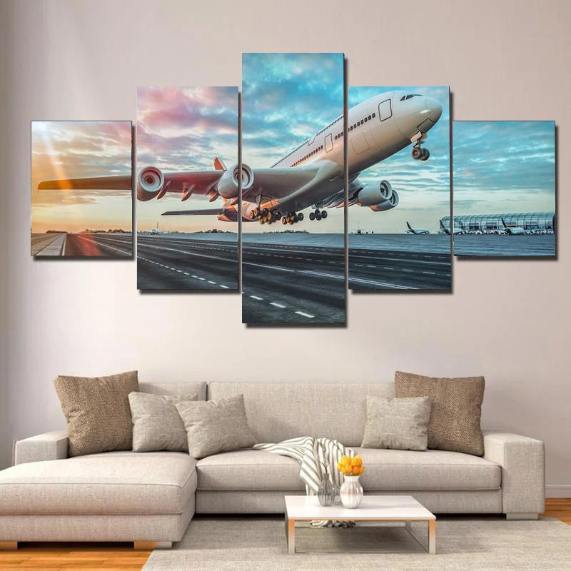 

5pcs Modern Take Off Airplane Print Canvas Painting, Airplane In Sky Poster Wall Art, For Living Room Study Room Decor, No Frame 20X35 20X45 20X55CM