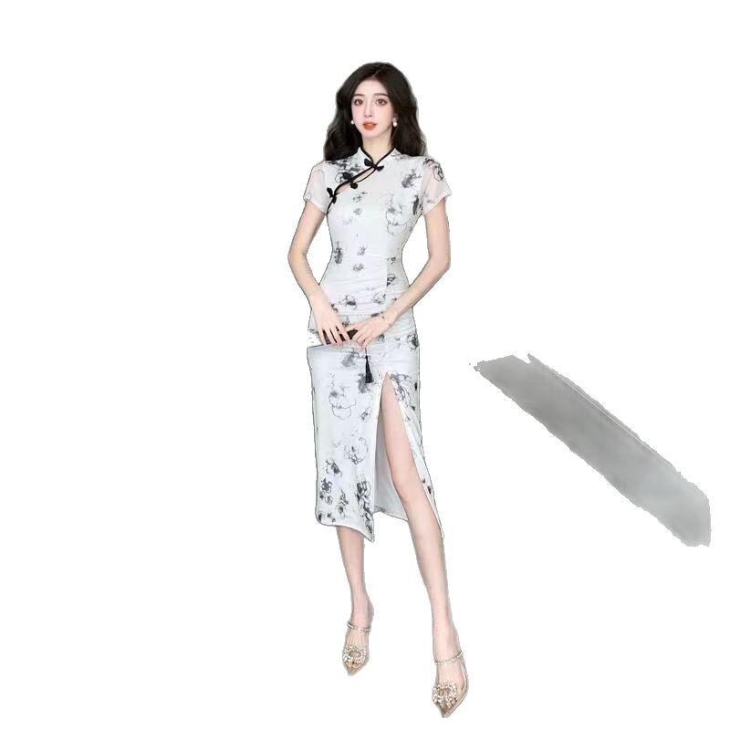 Chinese Retro Cheongsam Mid-Length Skirt - Slimming, High-Grade, Pleated, Hip-Wrapped Dress for Girls