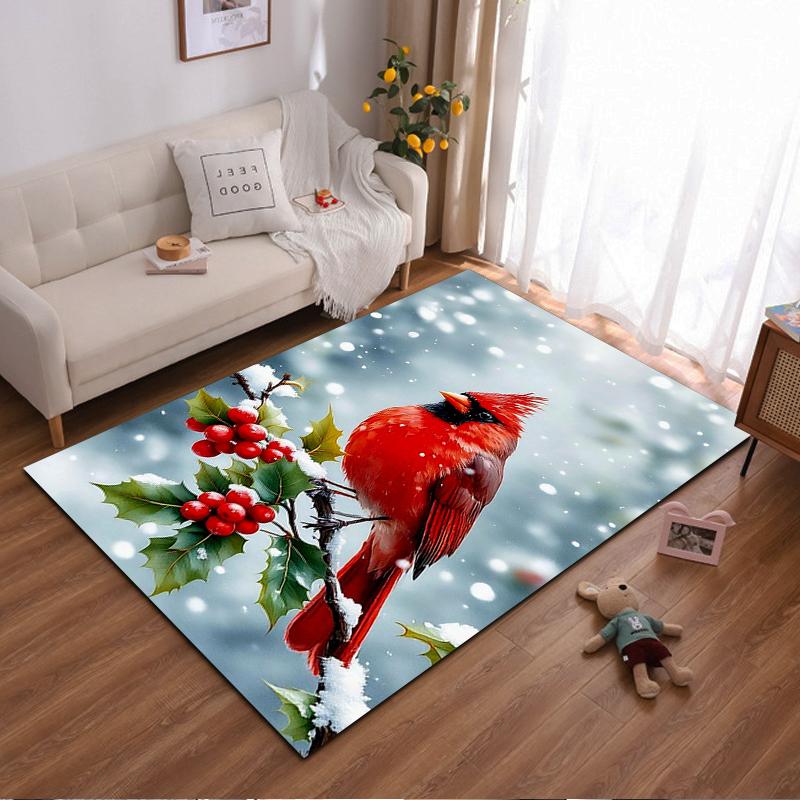 Red Cardinal Bird on Snowy Berry Branch - Non-slip rug suitable for living room and bedroom sofas