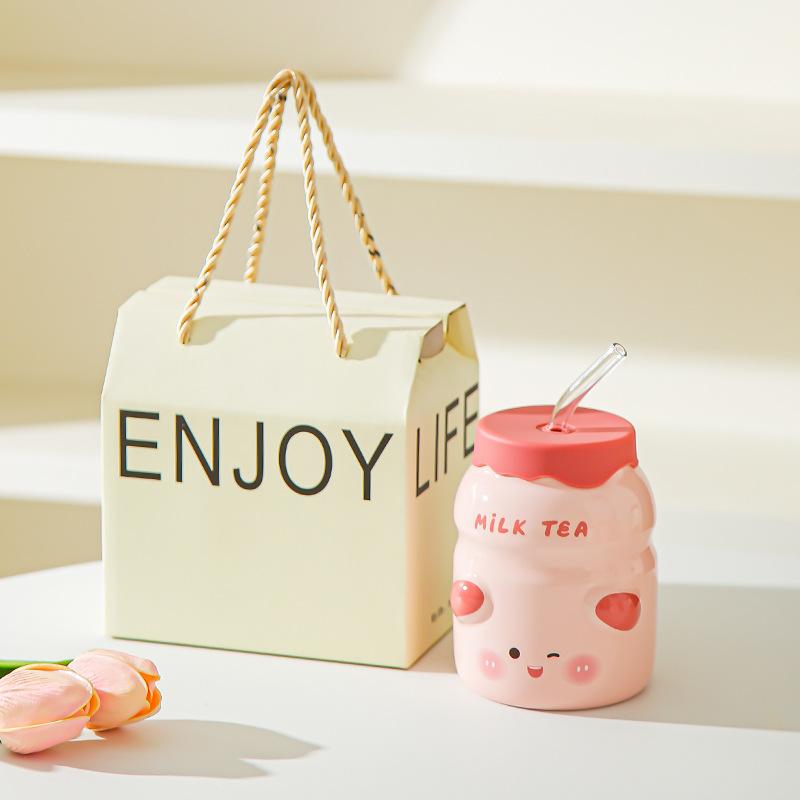 Animal ceramic straw cup with lid Summer essential water cup Girls household cup Juice cup Cold drink cup