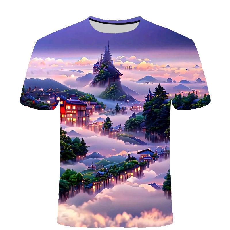 Verão Novo Topo Série Paisagem Quatro Estações Camiseta Casual Moderna de Manga Curta com Estampa 3D Moda Masculina e Feminina